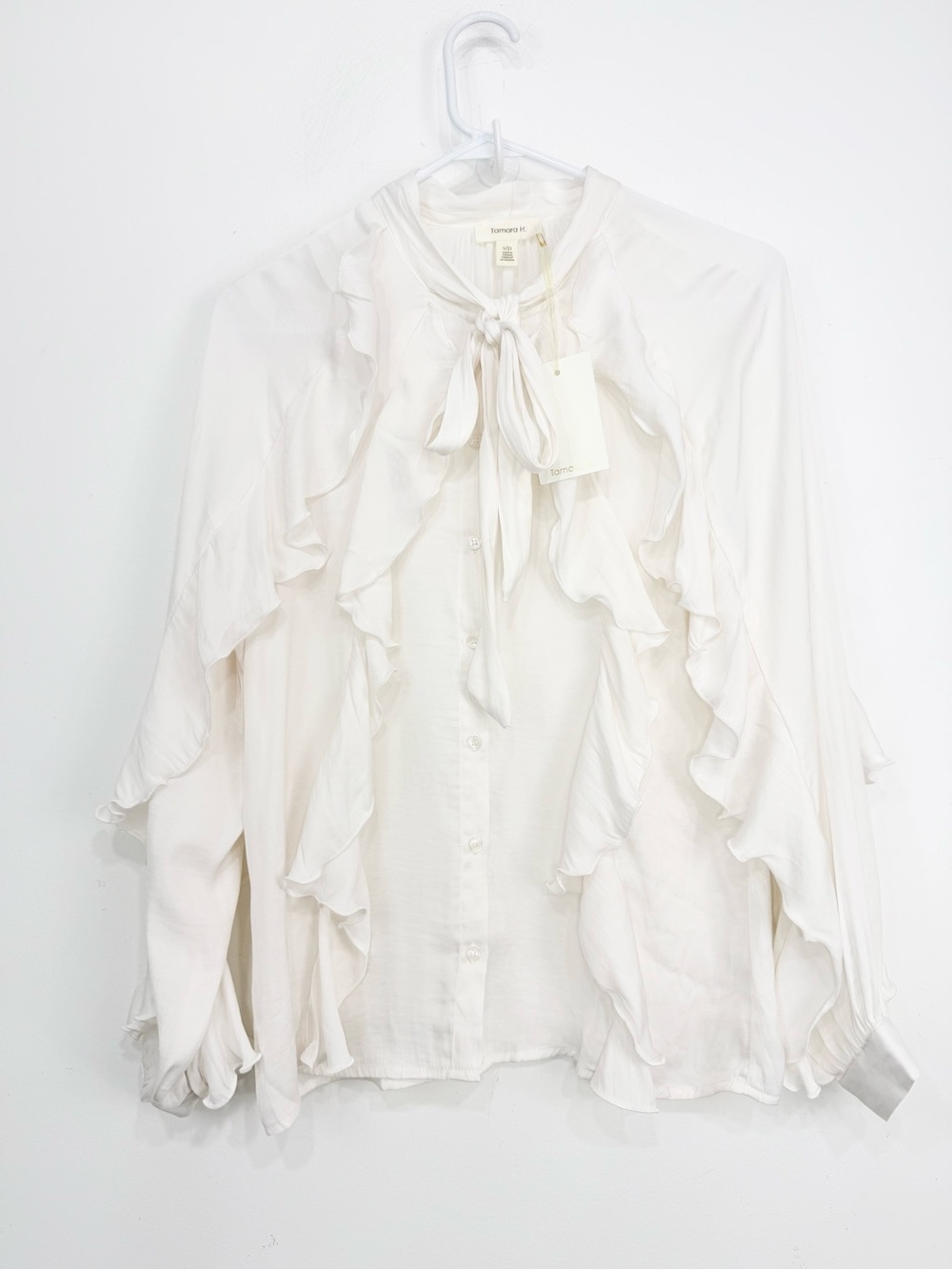 Tamara H Ivory Ruffled Romantic Tie Neck Long Sleeve Flowy Poet's Blouse NEW